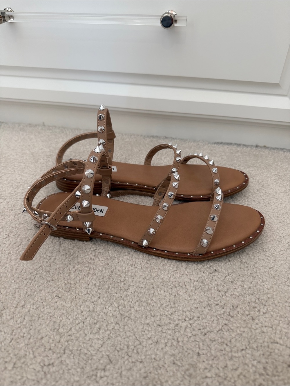 Steve Madden Tan Studded Flat Sandals with Silver Accents